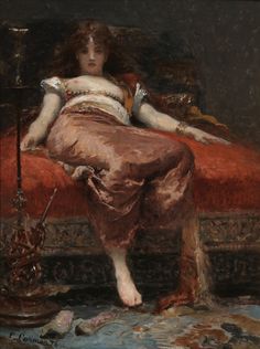 a painting of a woman sitting on a bed