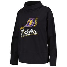 The Women's Levelwear Black Los Angeles Lakers Sunset Pullover Sweatshirt is the perfect way to show your support for the Los Angeles Lakers. This midweight sweatshirt is made from a soft cotton and polyester blend, featuring a French Terry lining for added warmth. The asymmetrical open slits on the back, banded bottom hem, and sleeve cuffs add a stylish touch, while the oversized design and dropped shoulders provide a relaxed fit. Whether you're cheering on the Lakers at the game or relaxing at Sports Top With Relaxed Fit And Funnel Neck, Sports Funnel Neck Top With Ribbed Cuffs, Sports Tops With Funnel Neck And Ribbed Cuffs, Sports Top With Funnel Neck And Ribbed Cuffs, Collegiate Black Fleece Tops, Black Collegiate Fleece Tops, Black Los Angeles, Los Angeles Lakers, Pullover Sweatshirt