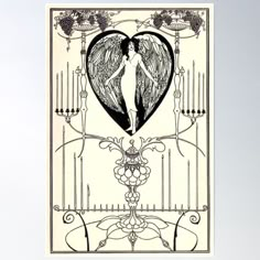 an art nouveau design with angel wings on the back of a heart shaped frame poster