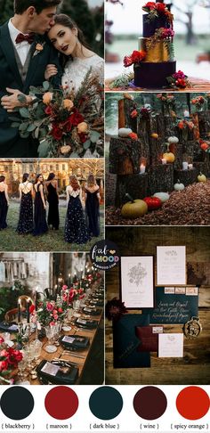 a collage of photos with red and black colors, including the bride and groom