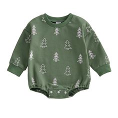 Get your baby boy dressed in this super cute green long-sleeve onesie with Christmas tree prints. It's the perfect outfit for the holiday season, keeping your little one both comfy and fashionable. Winter Long Sleeve Cotton Bodysuit, Green Long Sleeve Bodysuit For Fall, Casual Green Long Sleeve Bodysuit, Green Long Sleeve Casual Bodysuit, Long Sleeve Cotton Onesie For Holiday, Cotton Long Sleeve Onesie For Holiday, Holiday Long Sleeve Onesie, Casual Long Sleeve Christmas Onesie, Long Sleeve Holiday Onesie