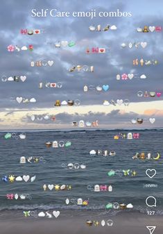 an image of the ocean with hearts and stars on it's side, as well as words that say self care emoj combos