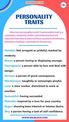 a poster with the words personality and their meanings