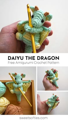 the crocheted dragon is holding a ball of yarn and knitting needles in its mouth