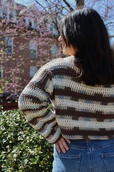 Striped blue, brown and cream sweater. Made to fit large or extra large. Cozy Brown Sweater For Spring, Cozy Brown Spring Sweater, Brown Cropped Crew Neck Sweater For Fall, Cozy Brown Cropped Long Sleeve Sweater, Cozy Brown Long Sleeve Cropped Sweater, Spring Brown Crew Neck Cardigan, Brown Crew Neck Spring Cardigan, Brown Crew Neck Cardigan For Spring, Saint Charles