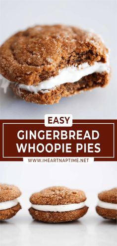 gingerbread whoopie pies with white frosting on top and the words, easy