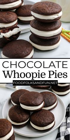 chocolate whoopie pies stacked on top of each other with the words, chocolate whoopie pies