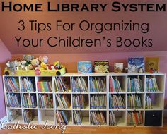 there is a book shelf with books on it and the words home library system 3 tips for organizing your children's books