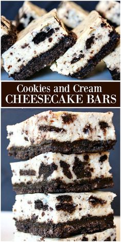 cookies and cream cheesecake bars stacked on top of each other