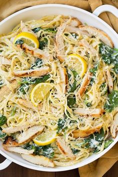 pasta with chicken, spinach and lemon slices