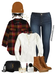 Plus Size Plaid Shacket Outfit - Alexa Webb Leopard Print Scarf Outfit, Plaid Shacket Outfit, Shacket Outfit Ideas, Plus Size Faux Leather Leggings, Shacket Outfit Women, Chambray Shirt Outfits, Plus Size Winter Outfit, Sporty Chic Outfits, Lug Sole Booties