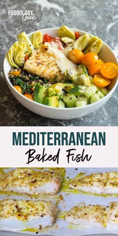 mediterranean baked fish with vegetables and pasta in a white bowl