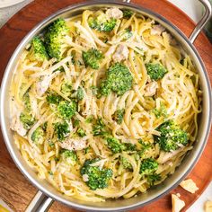 pasta with chicken and broccoli in a pan