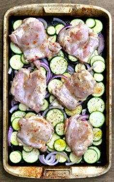 chicken and cucumbers in a baking dish