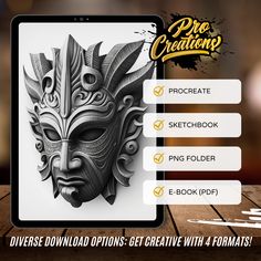 a tablet with an image of a mask on the screen and text that reads, diverse downloaded options - get creative with 4 formats