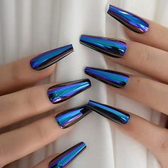 Blue Chrome Press OnNails Metallic Mirror CoffinAurora Fake Nails ExtraLong Ladies Nail ArtDesigns For Fingertips Nails Extra, Green Chrome, Nail Type, Metallic Nails, Nail Length, Womens Nails, Acrylic Nails Coffin, Nailed It