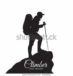 the silhouette of a hiker on top of a mountain with his backpack and hiking poles