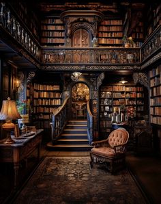 an old fashioned library with stairs and bookshelves