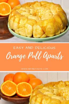 orange pull apart cake on a plate next to some oranges and an orange bowl