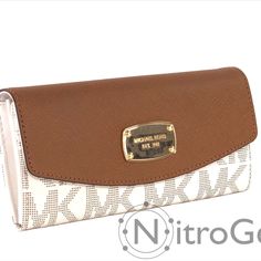 Michael Kors Jet Set Slim Flap Wallet Brand New Sealed With Tags Model: 35h5gjse7t * Saffiano Leather And Mk Signature Pvc * Full Length Slip Pocket On Exterior Rear * Gold Tone Mk Logo Plate On Front * Fold Over Flap Closure With Metal Snap * 2 Slip Pockets Under Flap * Interior Lining In Tan Logo Fabric And Brown Leather * Full Length Zipper Pocket With Leather Pull With 2 Slip Pockets * 1 Full Length Slip Pockets And 6 Card Slots * Color: Vanilla/Acorn * Measurements: 7½" W X 4" H X 1½" D Classic White Wallet For Travel, Elegant Travel Wallet With Logo, Michael Kors White Rectangular Wallet, Michael Kors White Everyday Wallet, Michael Kors White Wallets, Everyday Michael Kors White Wallet, White Leather Travel Wallet, Elegant Everyday Wallets With Logo, Elegant Wallets With Logo