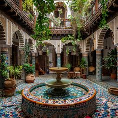 an indoor courtyard with potted plants and a fountain