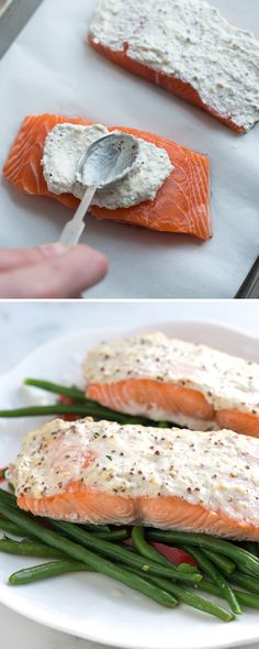 two pictures of salmon and green beans on a white plate with a spoon in it