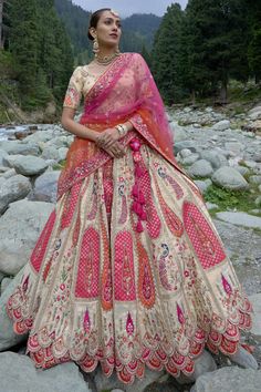 Viscose Fabric Beige Color Wedding Wear 3 Piece Lehenga Choli With Emb Multicolour Lehenga, Jacquard Lehenga, Lehenga Choli Designs, Special Occasion Gowns, Ghagra Choli, Bridal Lehenga Choli, Heavy Embroidery, Designer Lehenga Choli, Can Can