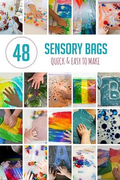 a collage of photos with the words 48 sensory bags quick and easy to make