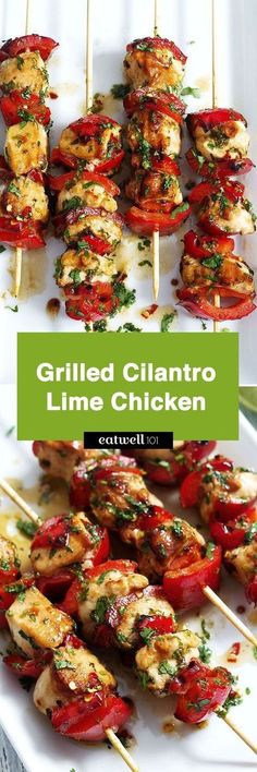 grilled cilantro lime chicken on skewers with tomatoes and parsley