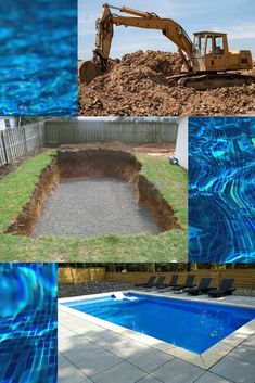 there are pictures of different types of construction equipment in the pool and around it, including an excavator