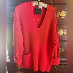 Pristine, New With Tags Red And Orange Color Block Sweater. Substantial And Will Elevate Any Outfit. Cotton Blend Fabric. Saint John Quality Style. Orange Color Block, Cotton Blend Fabric, Saint John, Red And Orange, Color Block Sweater, St John, Colorful Sweaters, Pullover Sweater, Orange Color