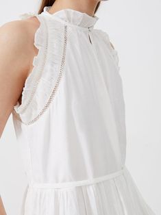 Emily Tiered Flared Dress Summer White | French Connection US Cotton Ruffle Halter Neck Dress, Cotton Halter Neck Dress With Ruffles, Summer Tiered Ruffle Dress With Lace Trim, Flared Mini Dress, Neutral Dresses, Front Runner, Flared Dress, Vacation Dresses, White Sleeveless