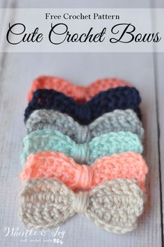 four crochet bows with the text, free crochet pattern cute crochet bows