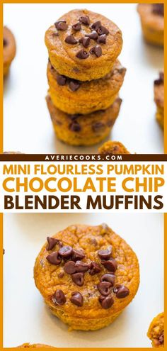 Have these mini blender muffins for a morning breakfast! This pumpkin recipe is easy and ready in just 20 minutes. Not only are these flourless pumpkin muffins soft and moist, but they are loaded with flavor and chocolate chips in every bite. Perfect for fall baking! Blender Muffins Healthy, Flourless Pumpkin Muffins, Mini Pumpkin Muffins, Pumpkin Muffins Easy, Tin Recipes, Pumpkin Recipes Easy, Fall Baking Recipes, Thanksgiving Desserts Easy