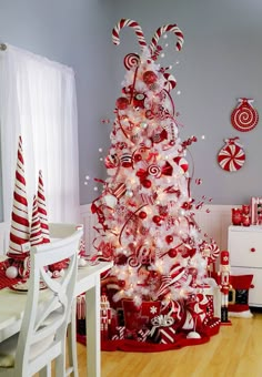 a red and white christmas tree decorated with candy canes, lollipops and candies