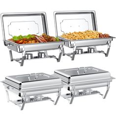 two stainless steel buffet style food warmers with side dividers and trays holding various foods