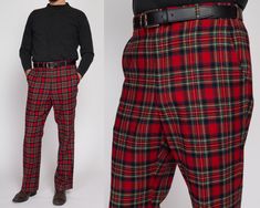 "Vintage 70s men's trousers in a red & navy blue plaid, with a slim bootcut leg. Shown modeled with a black belt (not included with purchase). Measurements and Condition: Fits like: Men's medium Fabric: Feels like wool or a blend, with a cotton lining inside the waist Brand: Kabat Condition: Very good, with a 1/4\" moth hole on the upper front right, and a couple smaller ones on the front of the left thigh and one on the lower back of the left leg. Waist: 33\" Hips: 41\" Rise: 11.3\" Inseam: 30.5\" Leg opening: 19\" Hem allowance: 2.5\" Shown on a 6' model, who usually wears shirt size medium and waist size 32. See our FAQ for more info on sizing and condition ratings." 70s Men, Tartan Christmas, Plaid Trousers, Christmas Photoshoot, Bootcut Pants, Red Tartan, Wool Trousers, Plaid Pants, Red And Black Plaid