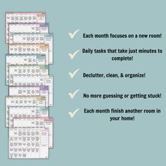 three rows of text that reads, each month focuses on a new room daily tasks that take just minutes to complete