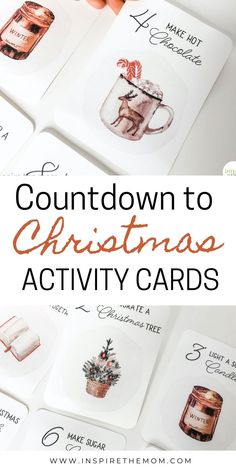 christmas cards with the words, countdown to christmas activity cards and hand drawn images on them