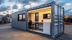 an office in a shipping container is lit up by the sun