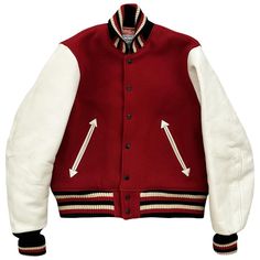 Whitesville Varsity Jacket Vintage wool varsity jacket by Toyo Enterprise. 30 oz Melton Wool body and real leather sleeves. Plain style with a red wool base and white sleeves. Size 38 / M. Pit to pit 21". Length 24". Wear: Light wear to leather sleeves and inside lining. Clyde Donovan, White Sleeves, Leather Sleeves, Plain Style, Leather Sleeve, Red Wool, Jacket Vintage, Vintage Wool, Real Leather