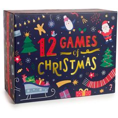 the 12 games of christmas are on display in front of a black box with santa's sleigh and gifts