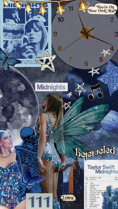 a collage of images with clocks and stars on them, including a woman dressed as a fairy