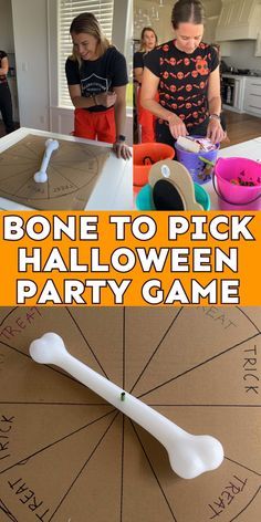 some kids are playing with their halloween party game and it looks like they're going to trick the pumpkin