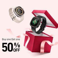 an advertisement for a smart watch in a red box with ribbon around it and the text, buy one get one 50 % off