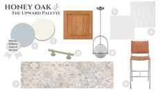 the interior design board is shown with different colors and materials to choose from, including wood cabinets