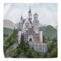 a painting of a castle sitting on top of a cliff in the middle of mountains