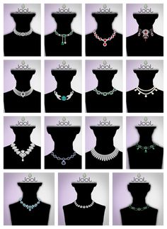 many different types of necklaces displayed on mannequin heads with words jojol