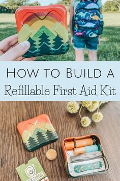 refillable first kit laid out on table and held up in front of a girl with a dinosaure backpack on Hiking Emergency Kit, Kids First Aid Kit Diy, Diy First Aid Kit For Kids, Kids First Aid Kit, First Aid Kit For Kids, Diy Travel Kits, Hiking Kit, Backpacking First Aid Kit, Hiking First Aid Kit