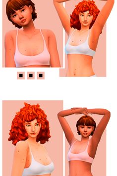 three different images of the same woman with red hair and bras, one showing her breast